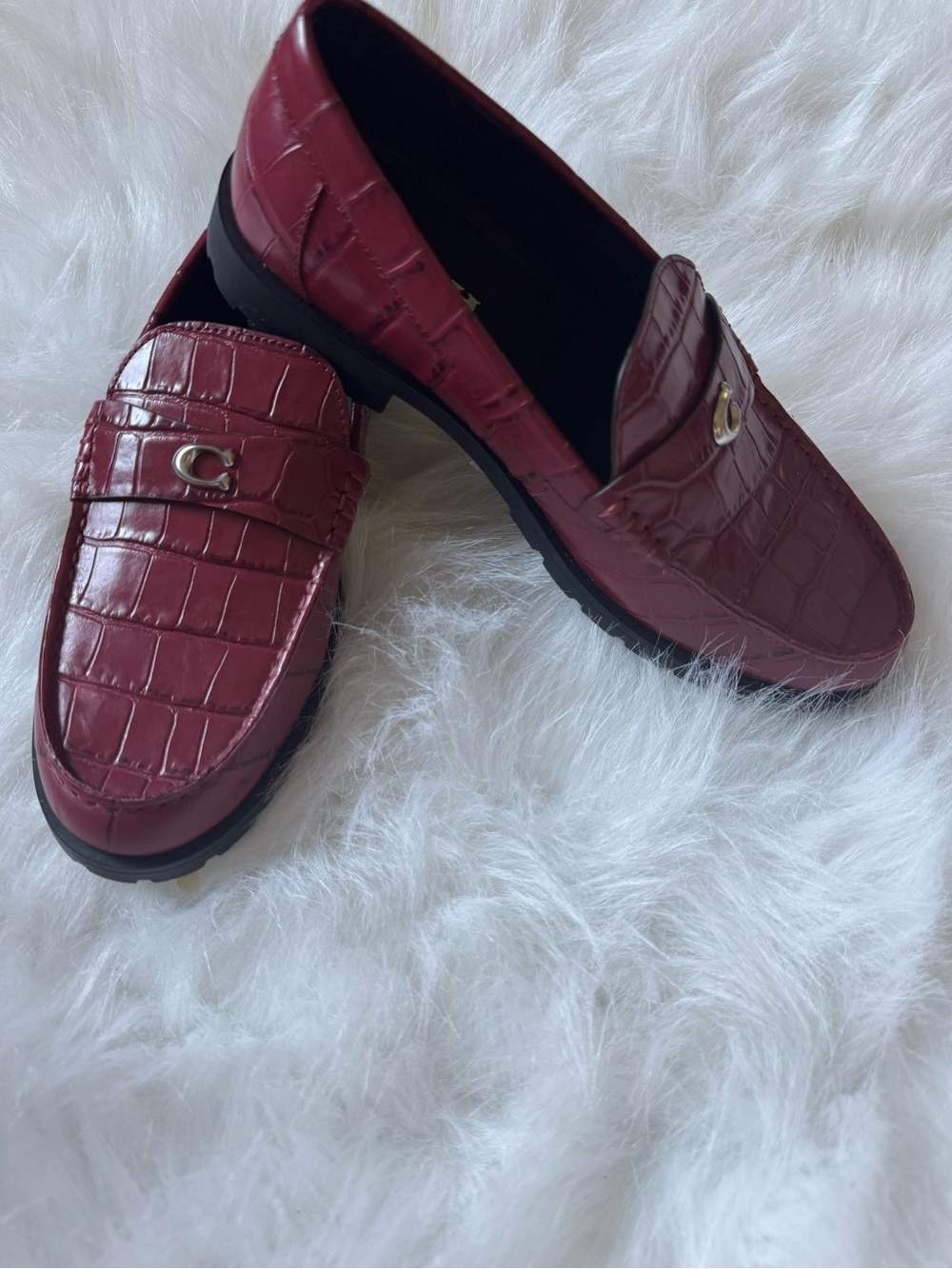 Coach Burgundy Croc-Embossed Loafers with Gold Accent